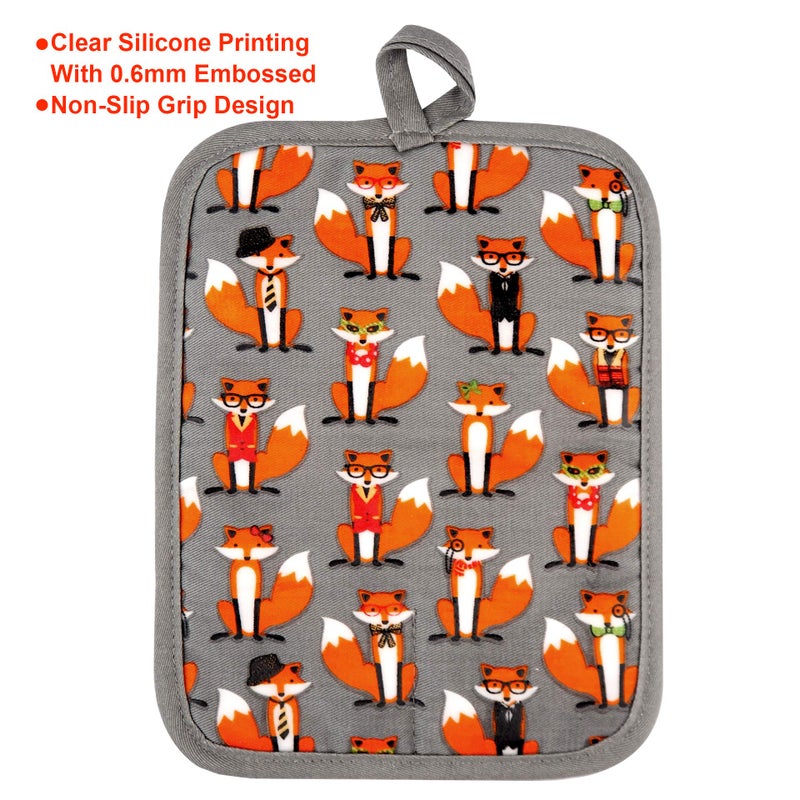 RED LMLDETA Pot Holders Set of 2 Heat Resistant 480 â„‰ Non Slip Clear Silicone Printed Comfortable Cotton Lining Kitchen Women Men Cooking Baking Microwave Machine Washable (Fox, Gray Potholders) - Image 4